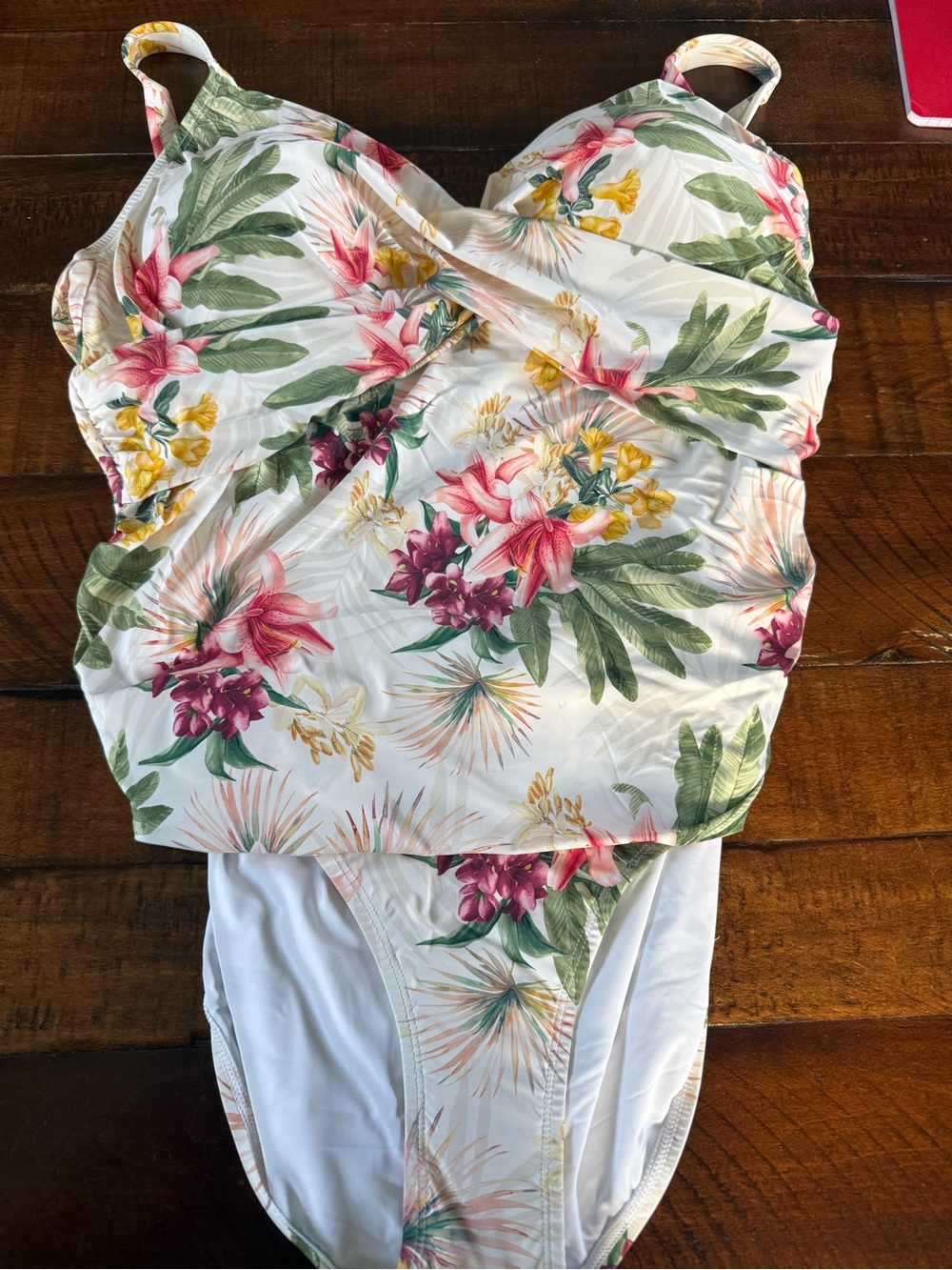 Plus Size Jantzen Floral Swimsuit in White with Green & Pink - Picture 3 of 11
